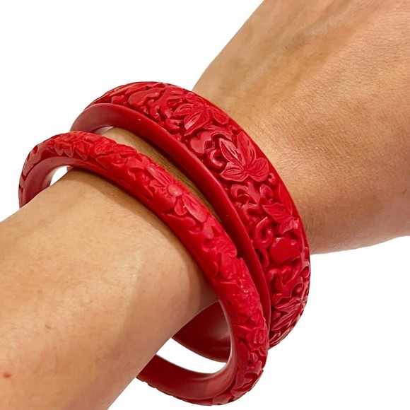 Unbranded Jewelry - Vtg Chinese Red Cinnabar Flower Floral & Fruit Design Carved Bangle Bracelet x2